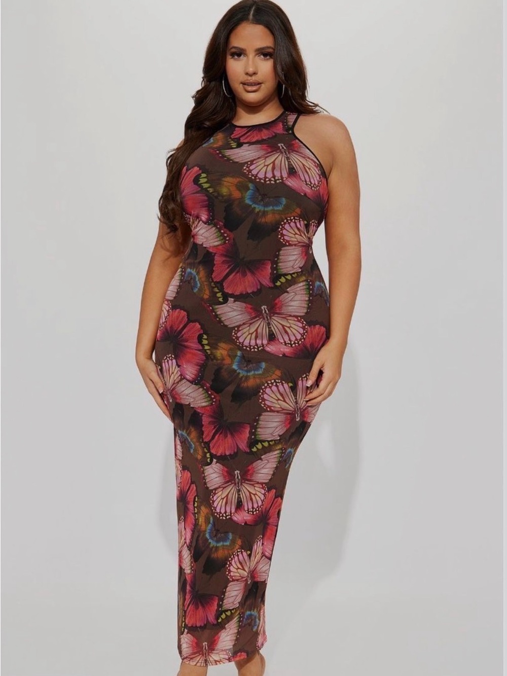 Fashion Nova Burgundy and Pink Butterfly Print Maxi Dress